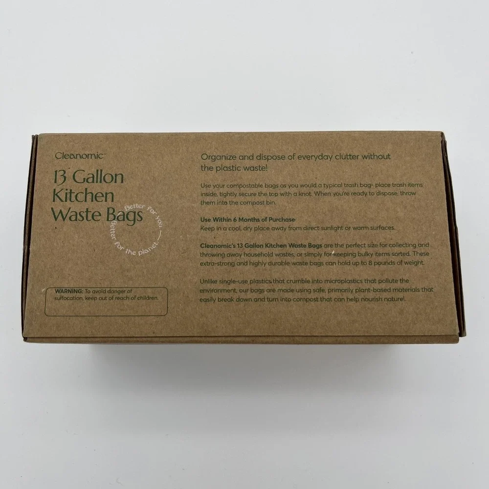Cleanomic Compostable* Trash Bags (13 Gallon, 25 Units, Tall), B Extra Strength